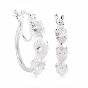 Elegant Silver Hoop Earrings with Simulated Pear Shaped Diamonds